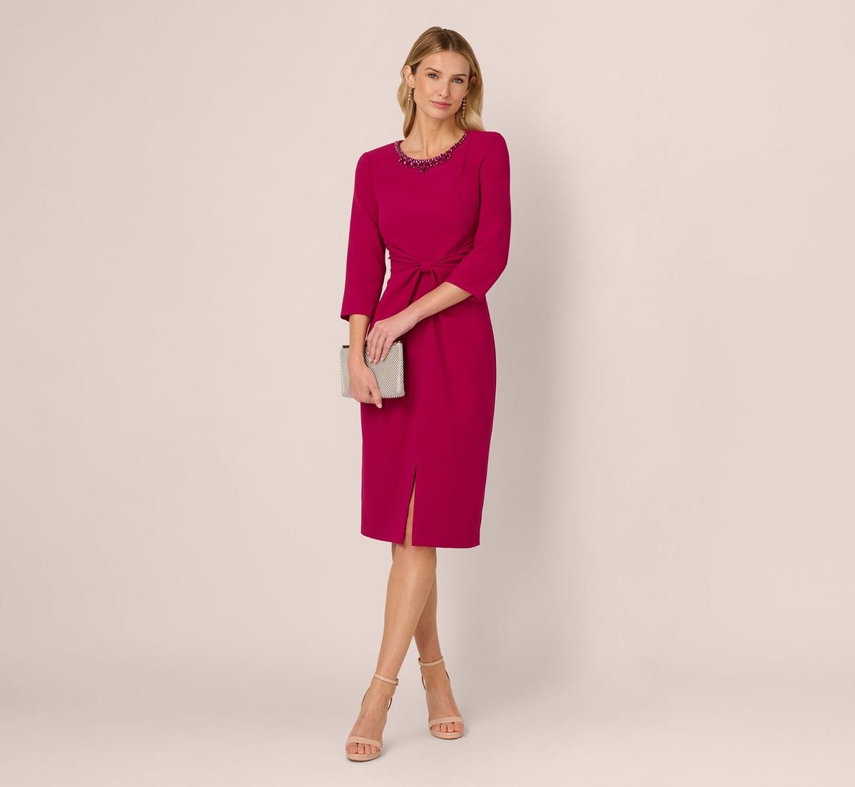 Three Quarter Sleeve Beaded Collar Sheath Dress In Berry