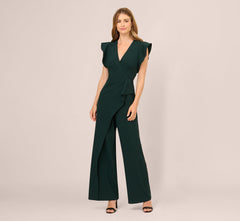 Flutter Sleeve Faux Wrap Jumpsuit In Dark Green