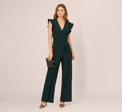 Flutter Sleeve Faux Wrap Jumpsuit In Dark Green
