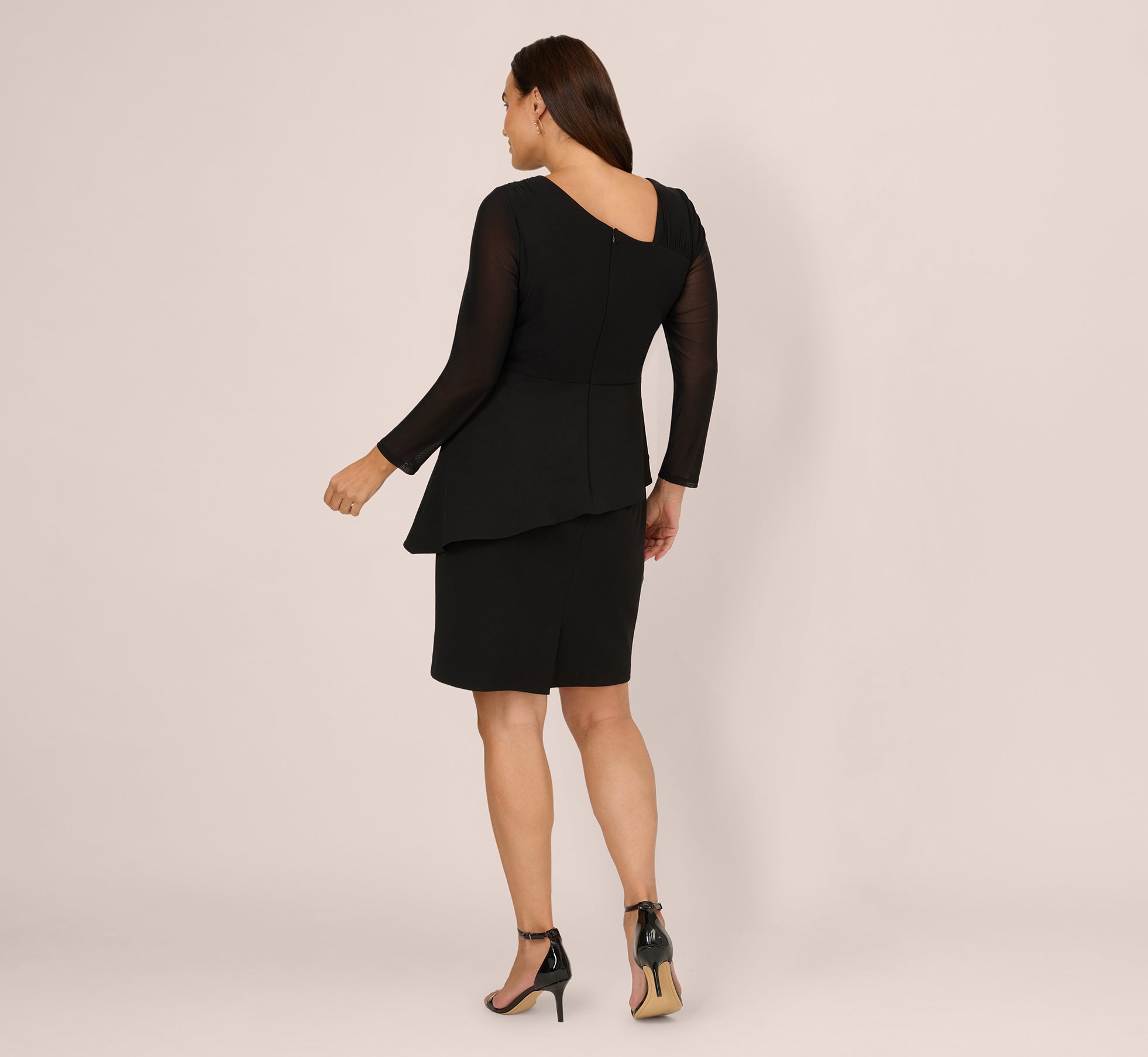 Plus Size Long Sleeve Asymmetrical Peplum Sheath Dress In Black