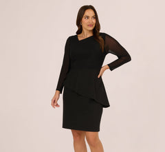 Plus Size Long Sleeve Asymmetrical Peplum Sheath Dress In Black