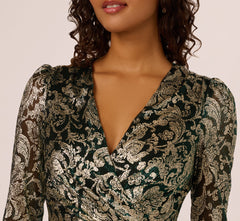 Long Sleeve Metallic Sheath Dress In Green Gold