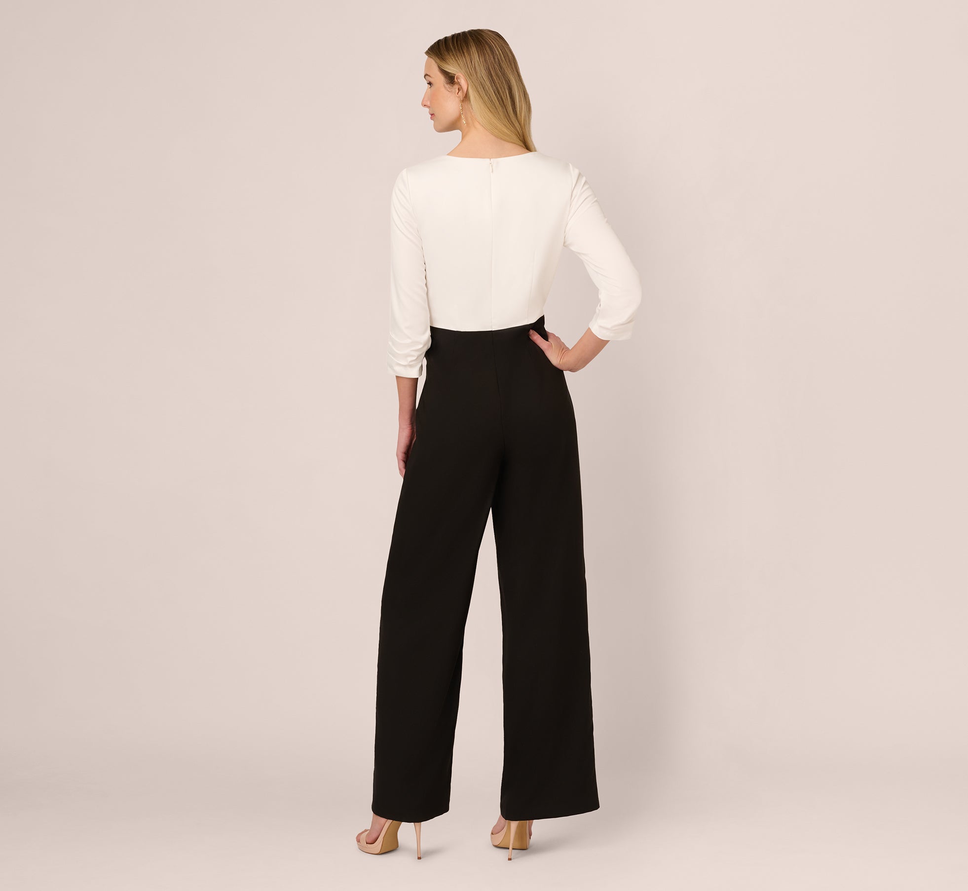 Three Quarter Sleeve Draped Combo Jumpsuit In Ivory Black