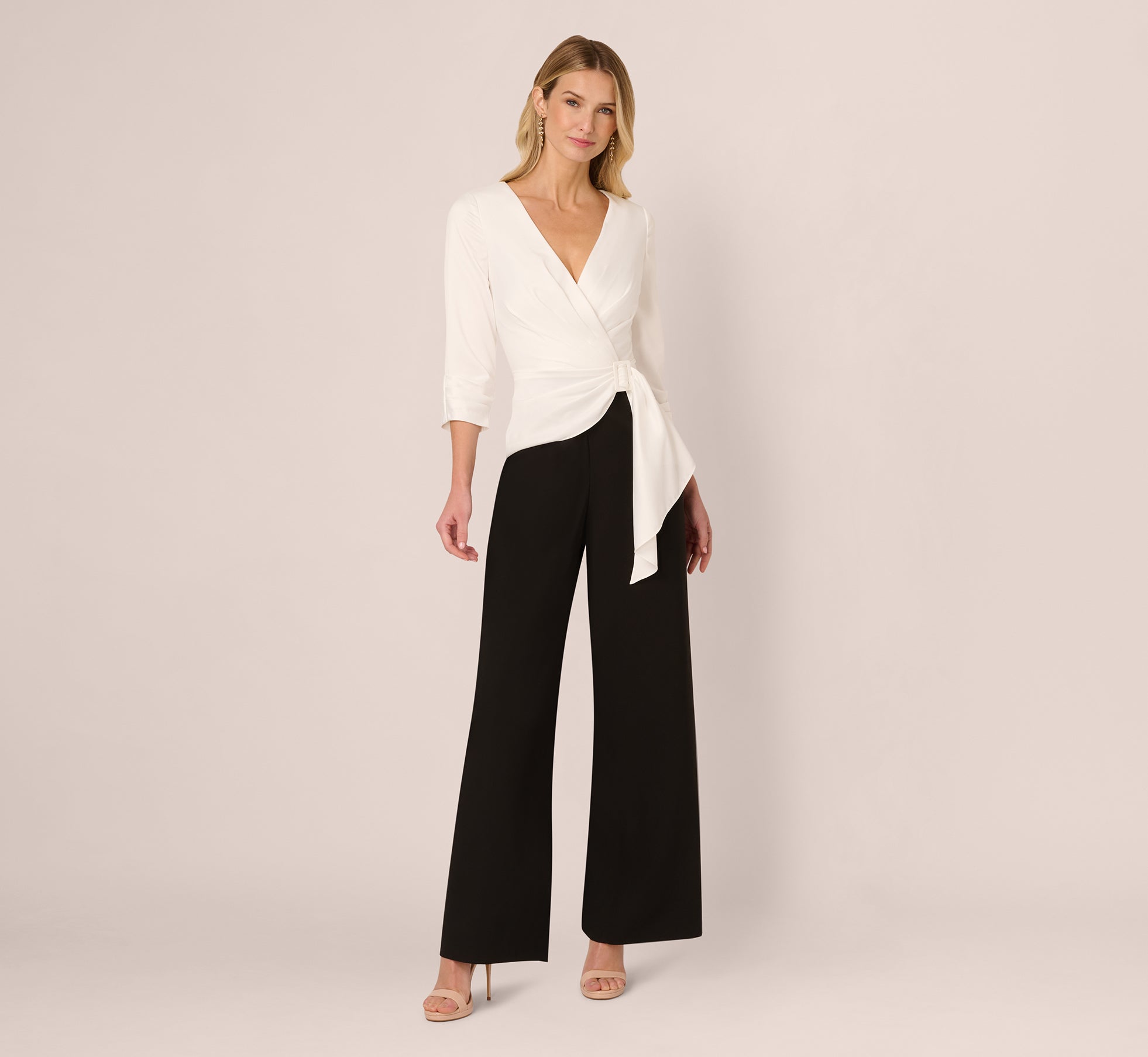 Three Quarter Sleeve Draped Combo Jumpsuit In Ivory Black
