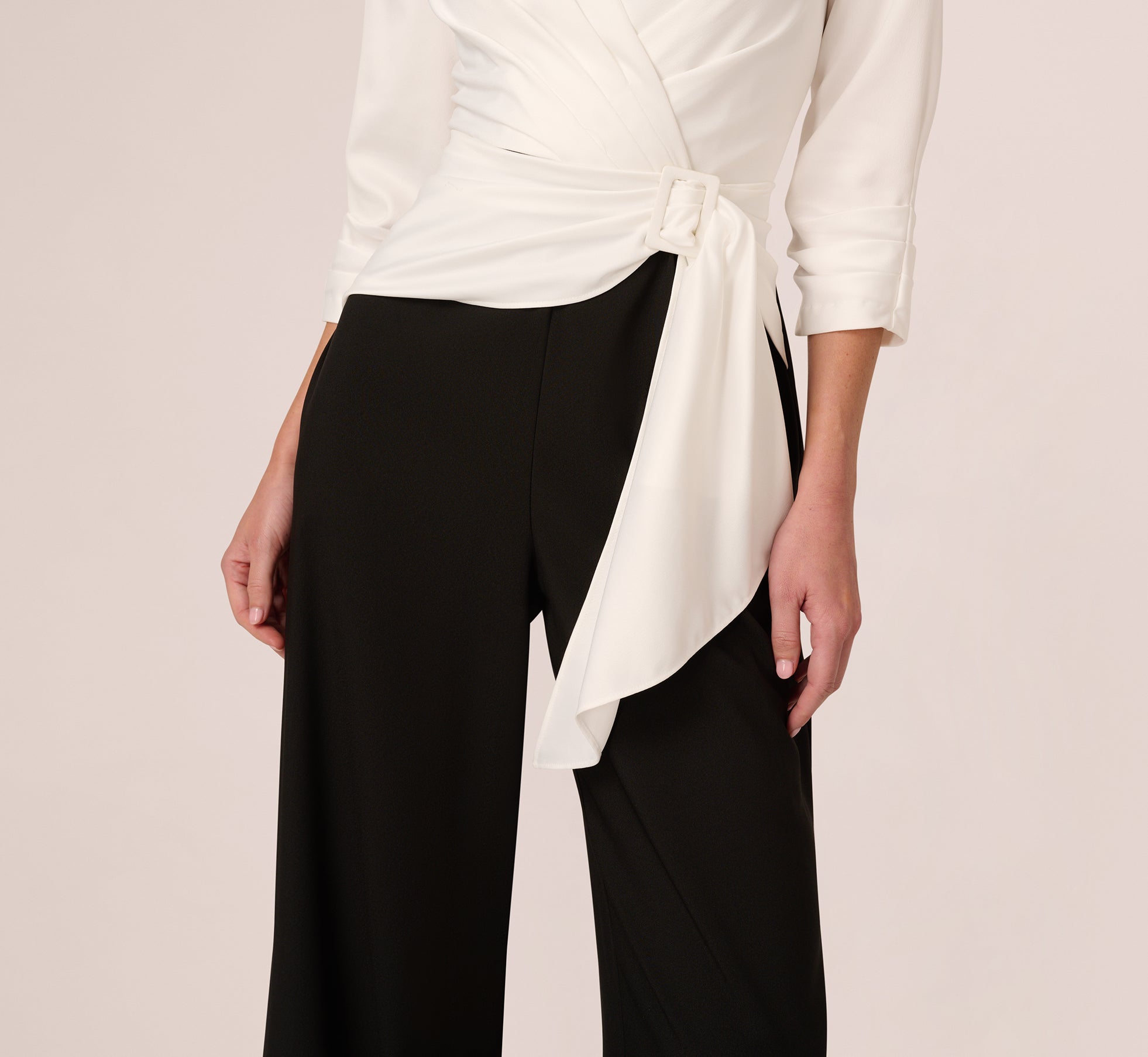 Three Quarter Sleeve Draped Combo Jumpsuit In Ivory Black