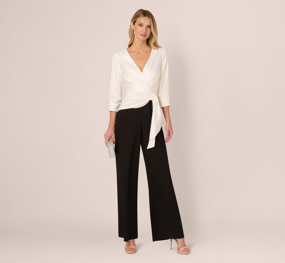 Three Quarter Sleeve Draped Combo Jumpsuit In Ivory Black