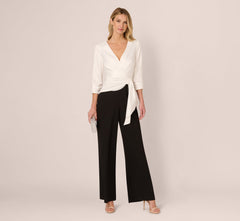 Three Quarter Sleeve Draped Combo Jumpsuit In Ivory Black