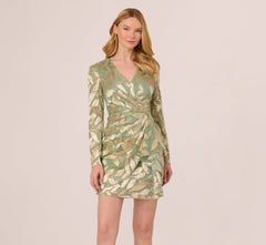 Long Sleeve Foil Short Wrap Dress In Sage Gold