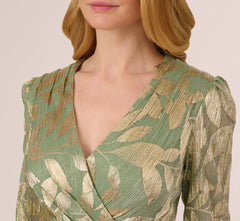 Long Sleeve Foil Short Wrap Dress In Sage Gold