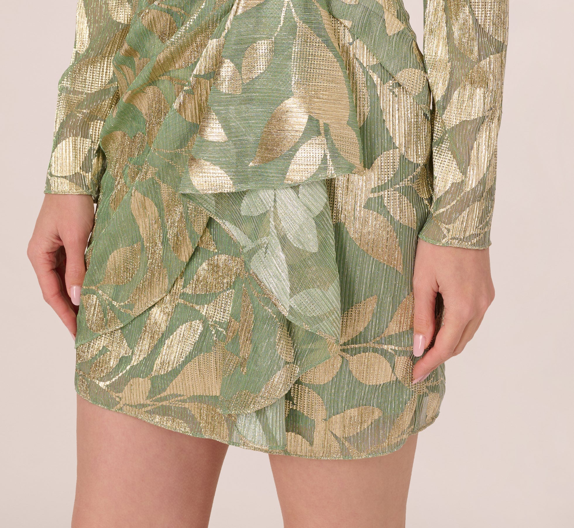 Long Sleeve Foil Short Wrap Dress In Sage Gold