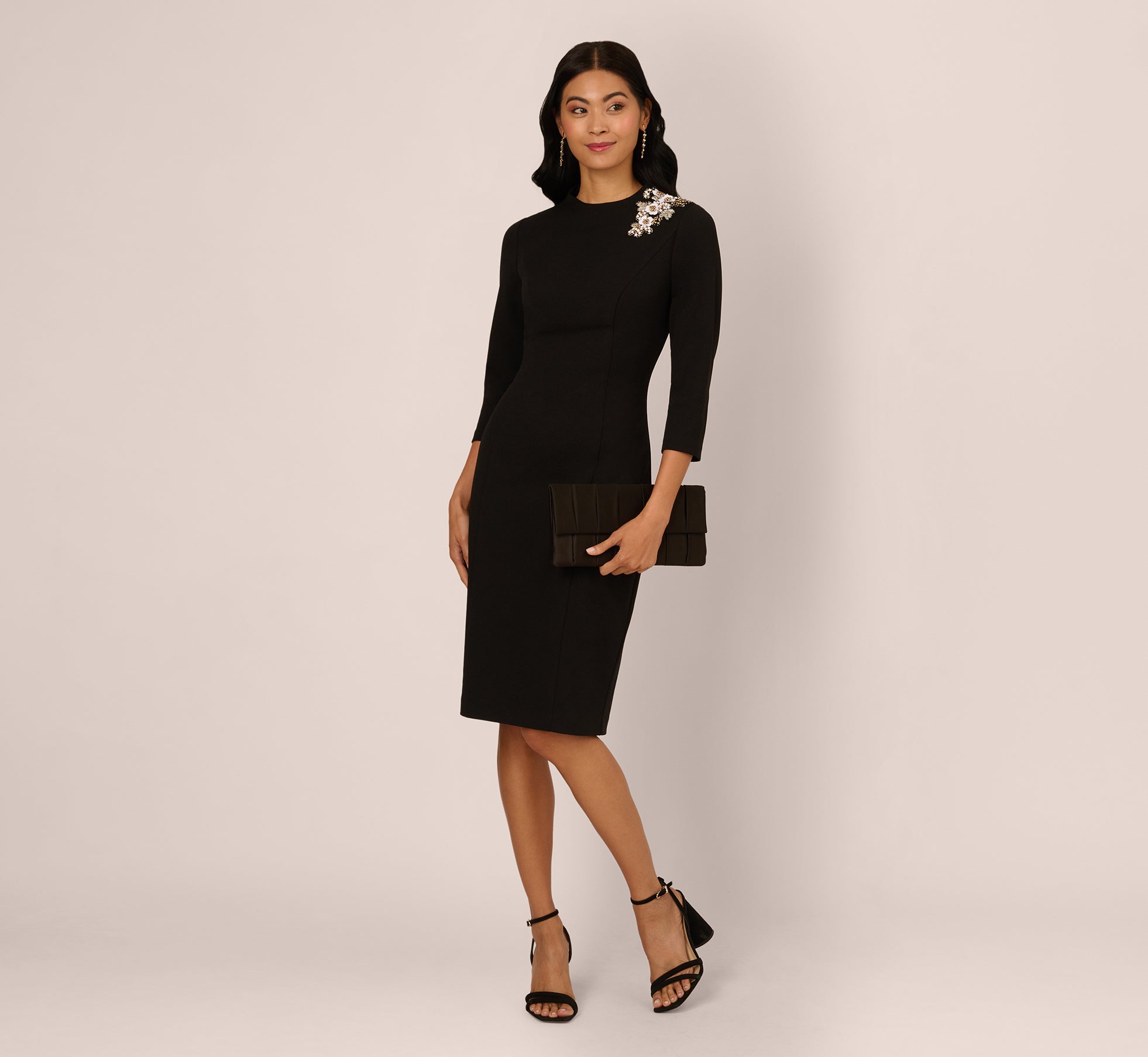 Three Quarter Sleeve Floral Applique Sheath Dress In Black