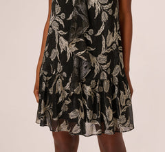 Foil Floral Trapeze Halter Dress In Black Gold