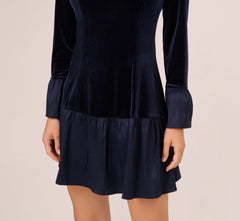 Long Sleeve Drop Waist Velvet Taffeta Dress In Midnight