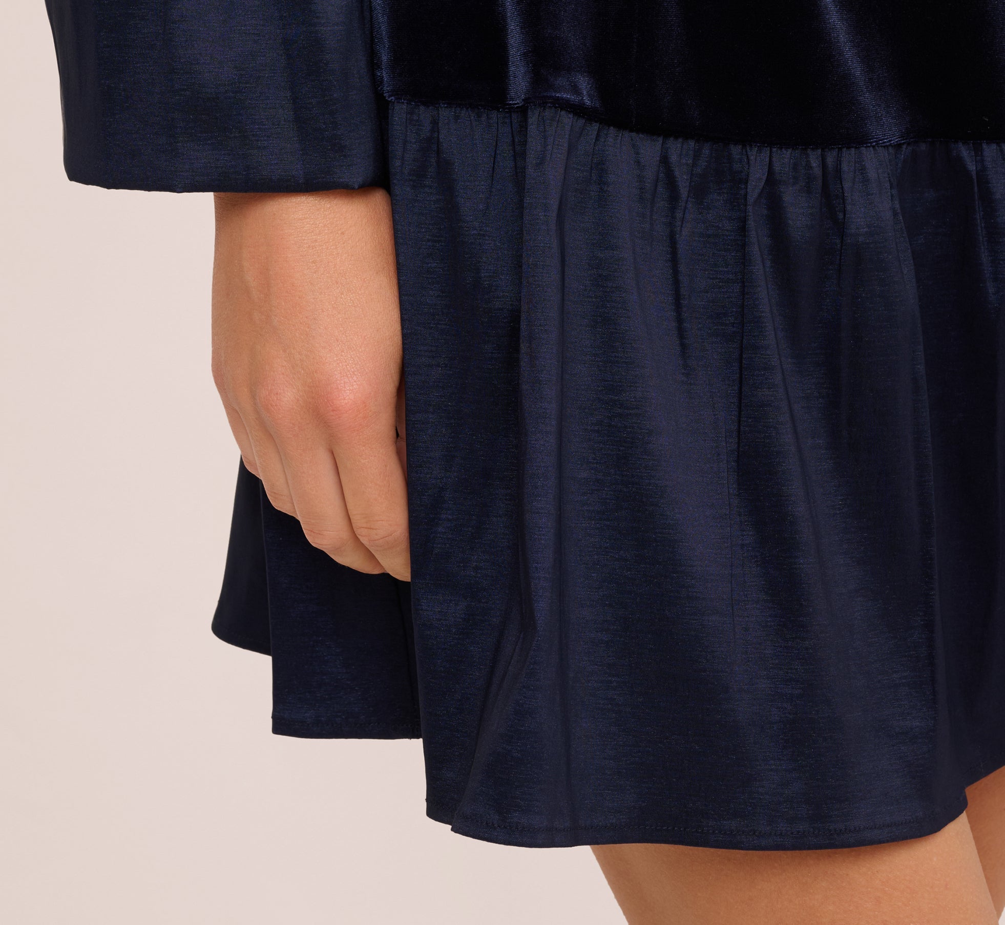 Long Sleeve Drop Waist Velvet Taffeta Dress In Midnight
