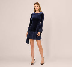 Long Sleeve Drop Waist Velvet Taffeta Dress In Midnight