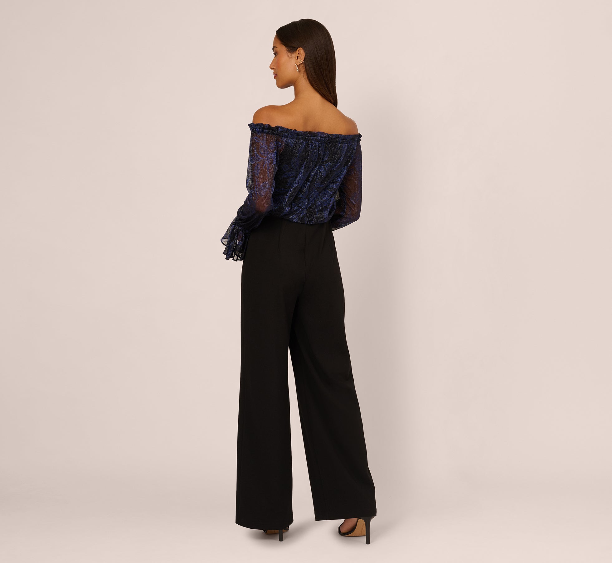 Long Sleeve Off Shoulder Metallic Combo Jumpsuit In Navy Black