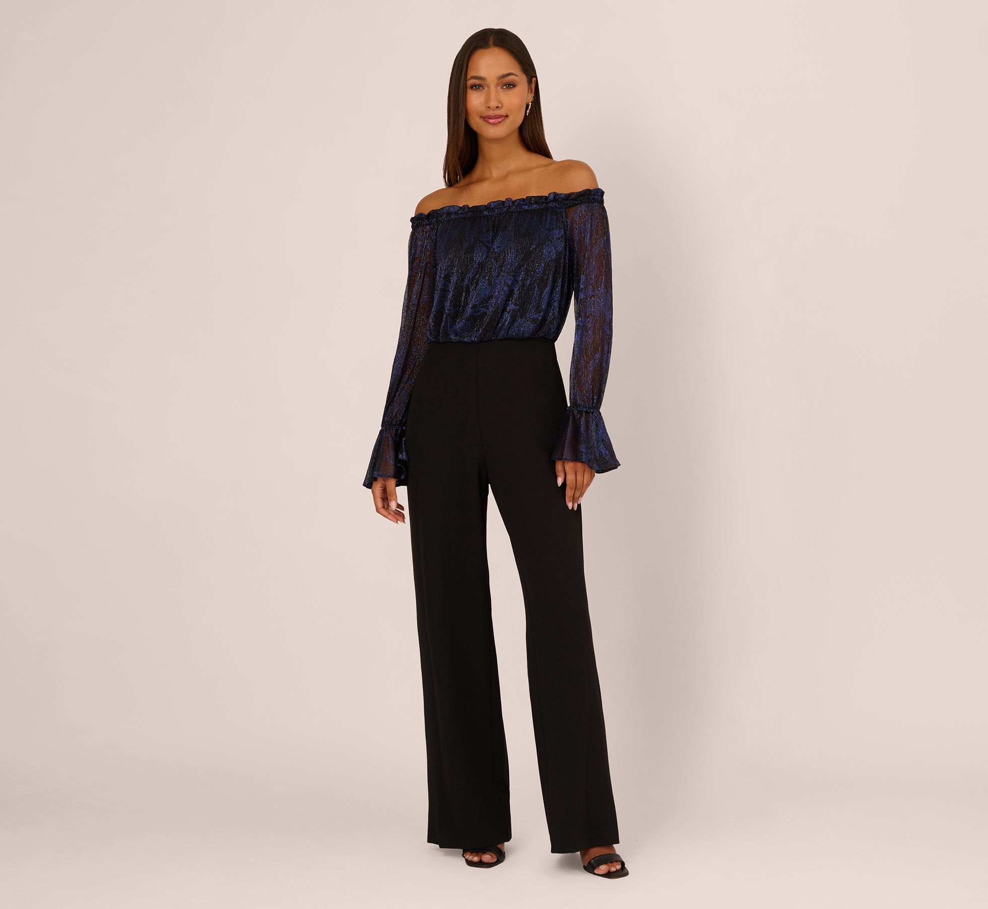 Long Sleeve Off Shoulder Metallic Combo Jumpsuit In Navy Black