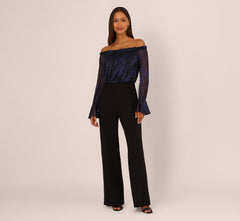 Long Sleeve Off Shoulder Metallic Combo Jumpsuit In Navy Black