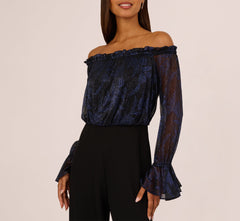 Long Sleeve Off Shoulder Metallic Combo Jumpsuit In Navy Black