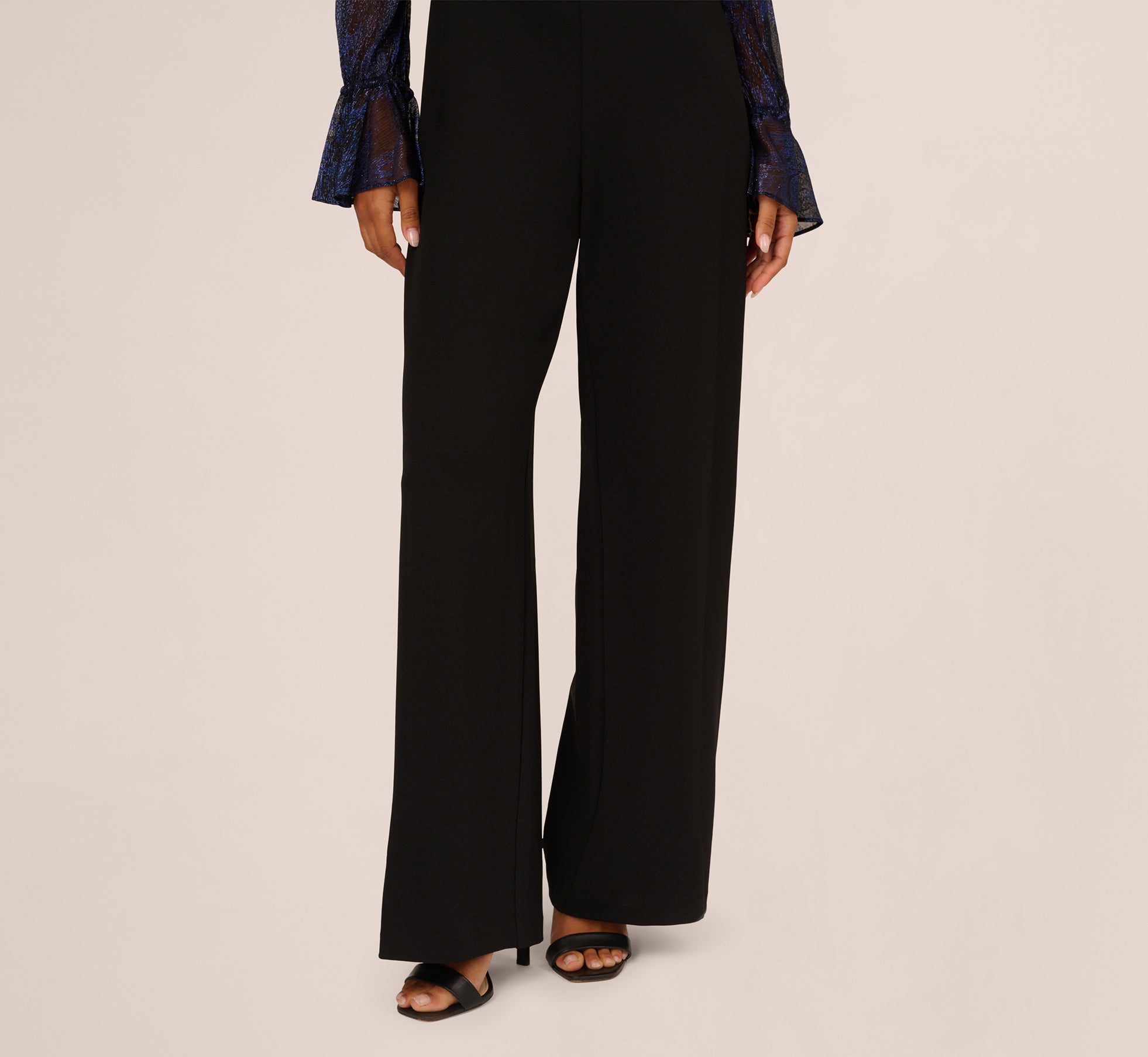 Long Sleeve Off Shoulder Metallic Combo Jumpsuit In Navy Black