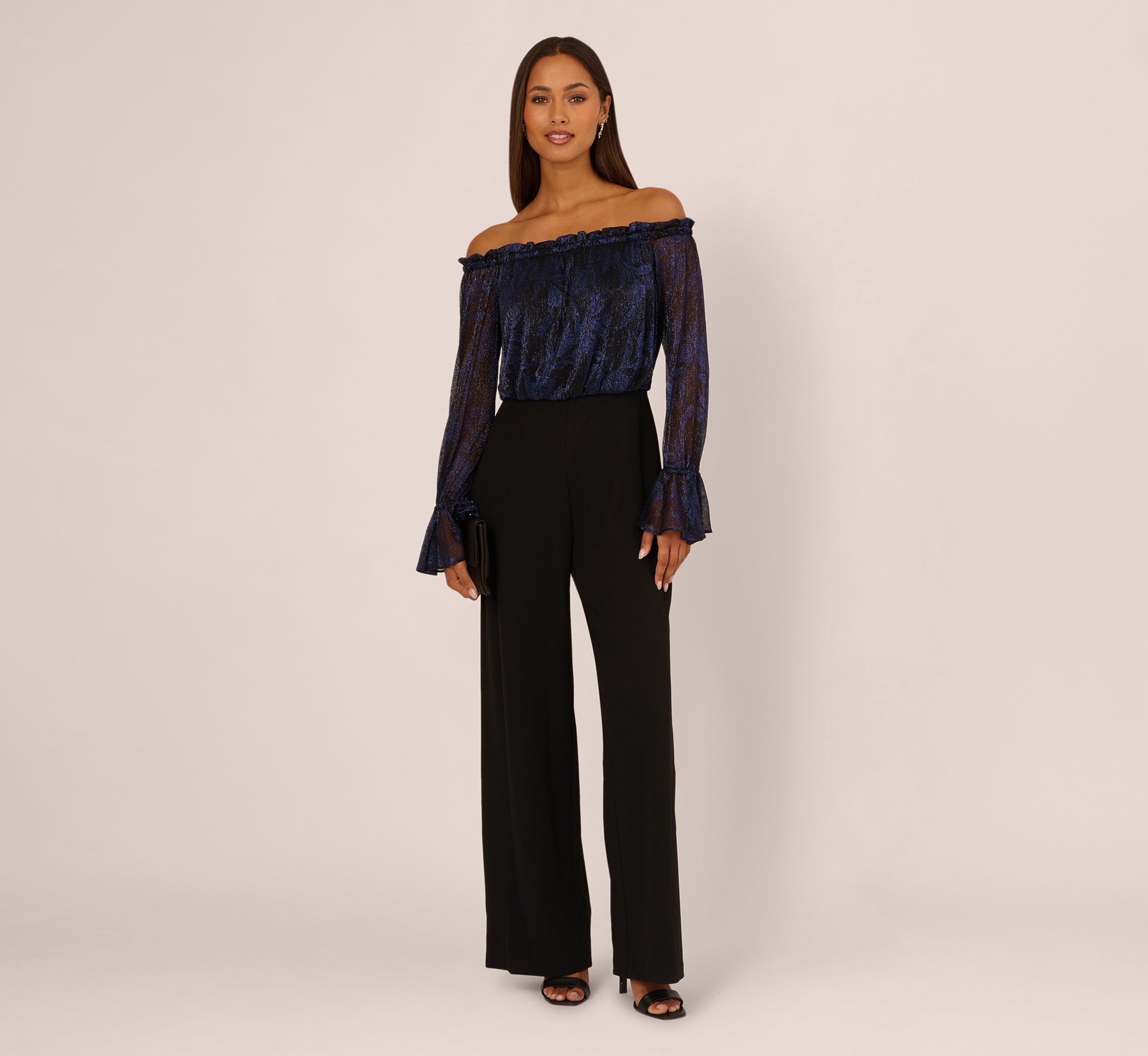 Long Sleeve Off Shoulder Metallic Combo Jumpsuit In Navy Black
