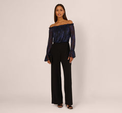 Long Sleeve Off Shoulder Metallic Combo Jumpsuit In Navy Black