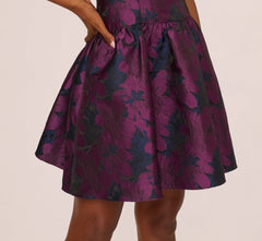 Sleeveless Floral Jacquard Drop Waist Short Dress In Navy Plum