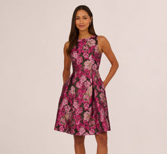 Rose Jacquard Envelope Back Dress In Pink Black Multi