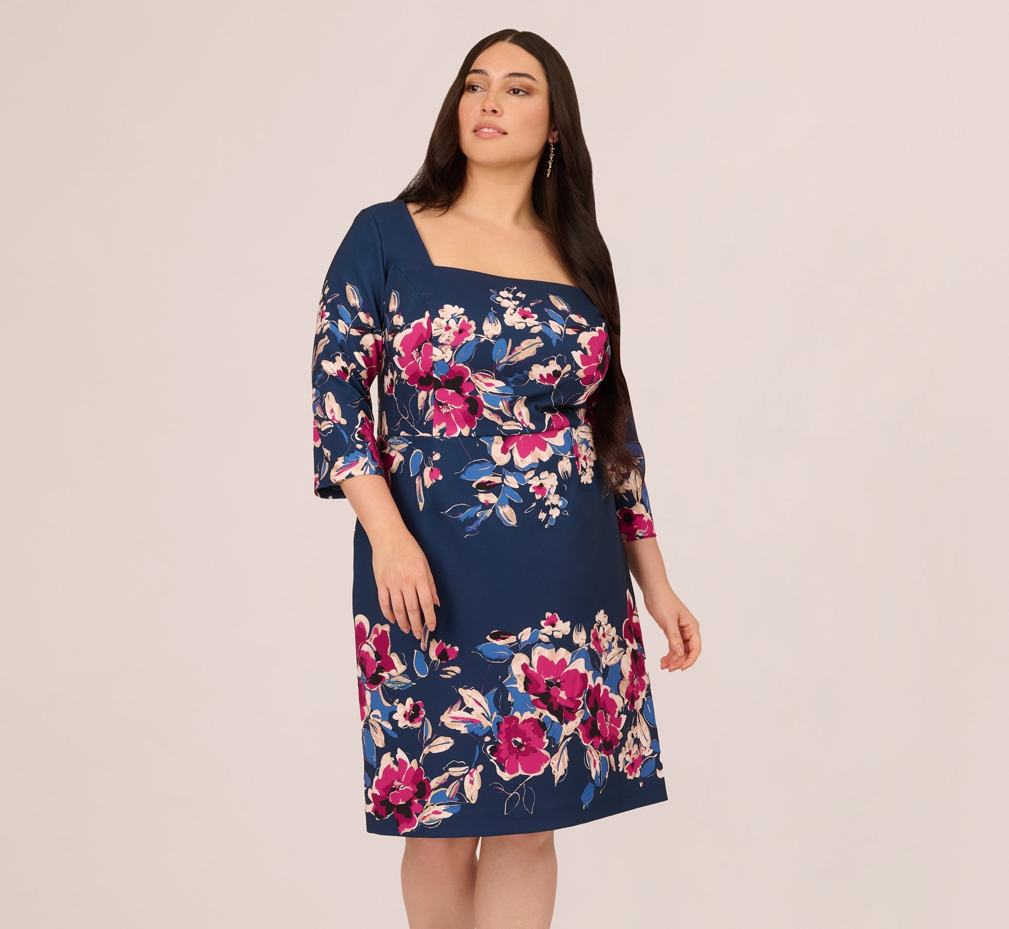 Plus Size Three Quarter Sleeve Floral Sheath Dress In Navy Pink Multi