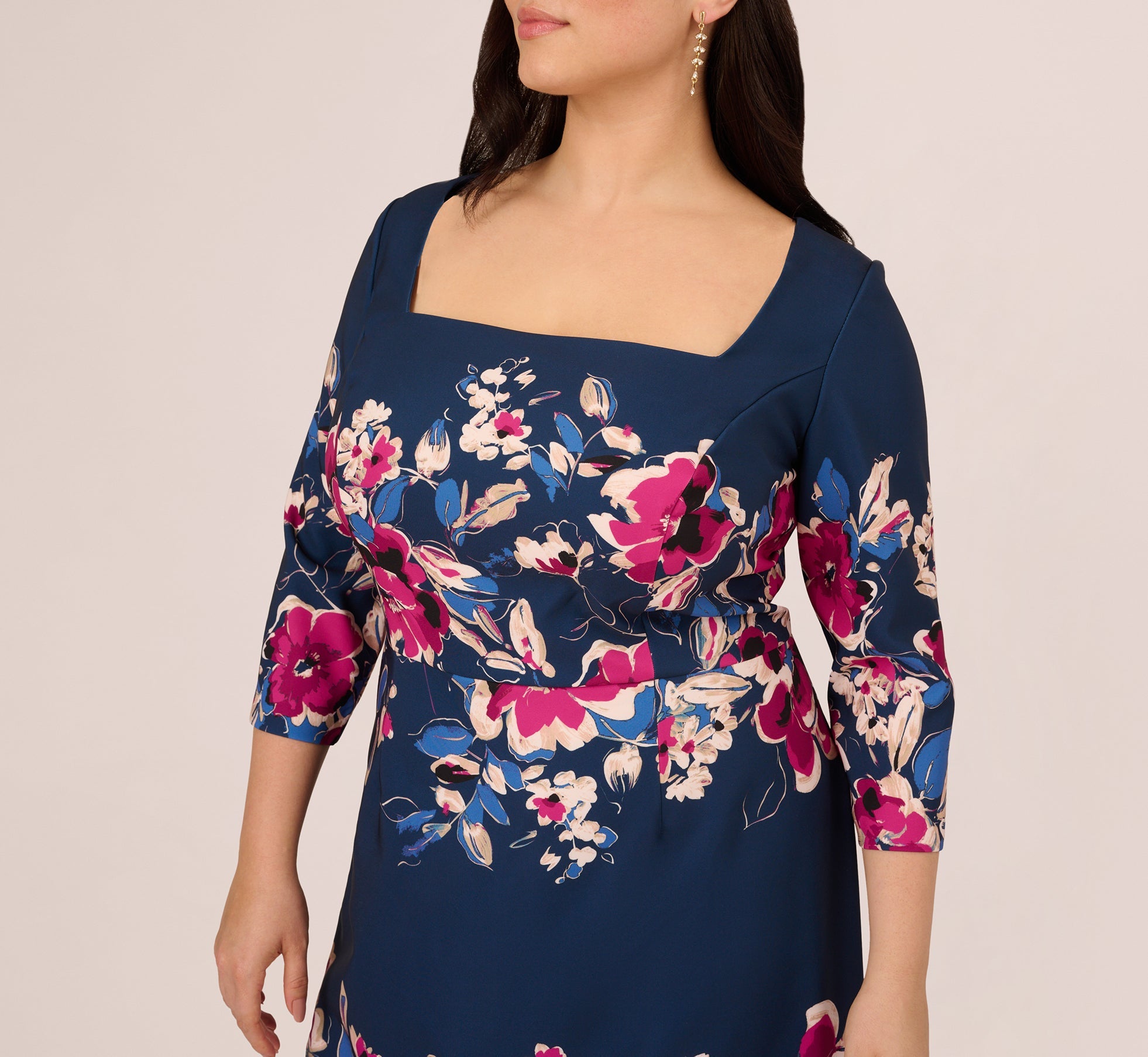 Plus Size Three Quarter Sleeve Floral Sheath Dress In Navy Pink Multi