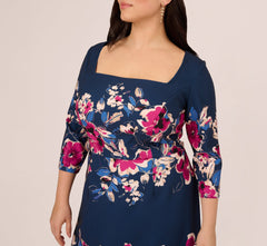 Plus Size Three Quarter Sleeve Floral Sheath Dress In Navy Pink Multi