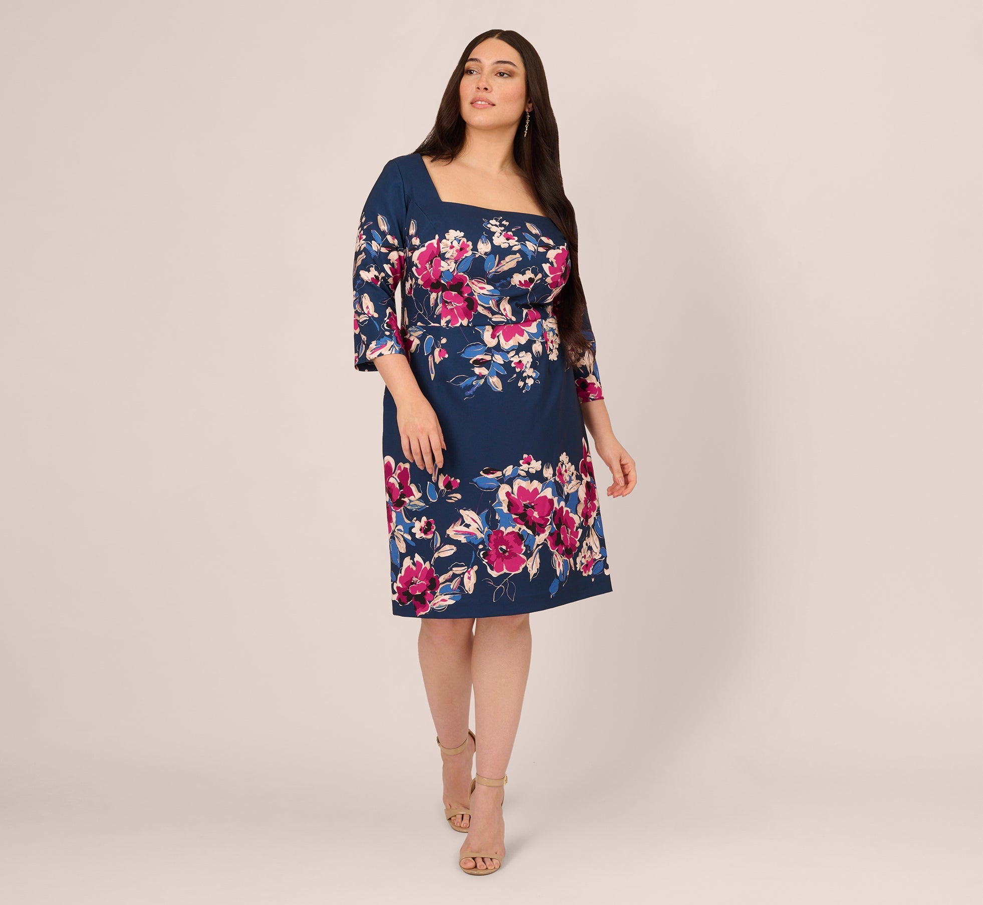 Plus Size Three Quarter Sleeve Floral Sheath Dress In Navy Pink Multi