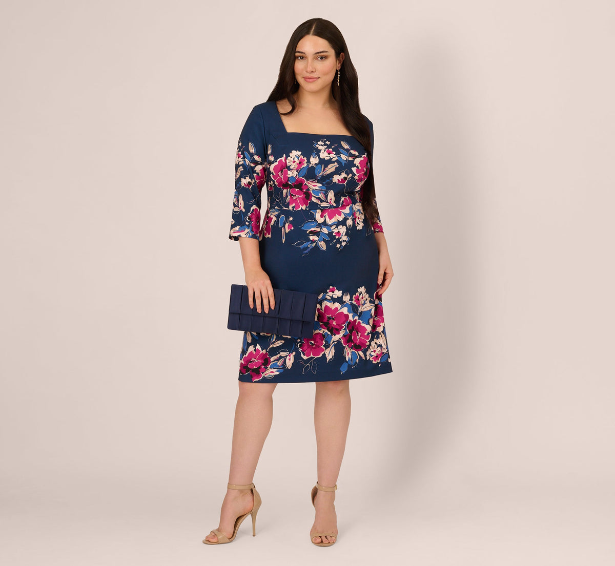 Plus Size Three Quarter Sleeve Floral Sheath Dress In Navy Pink Multi