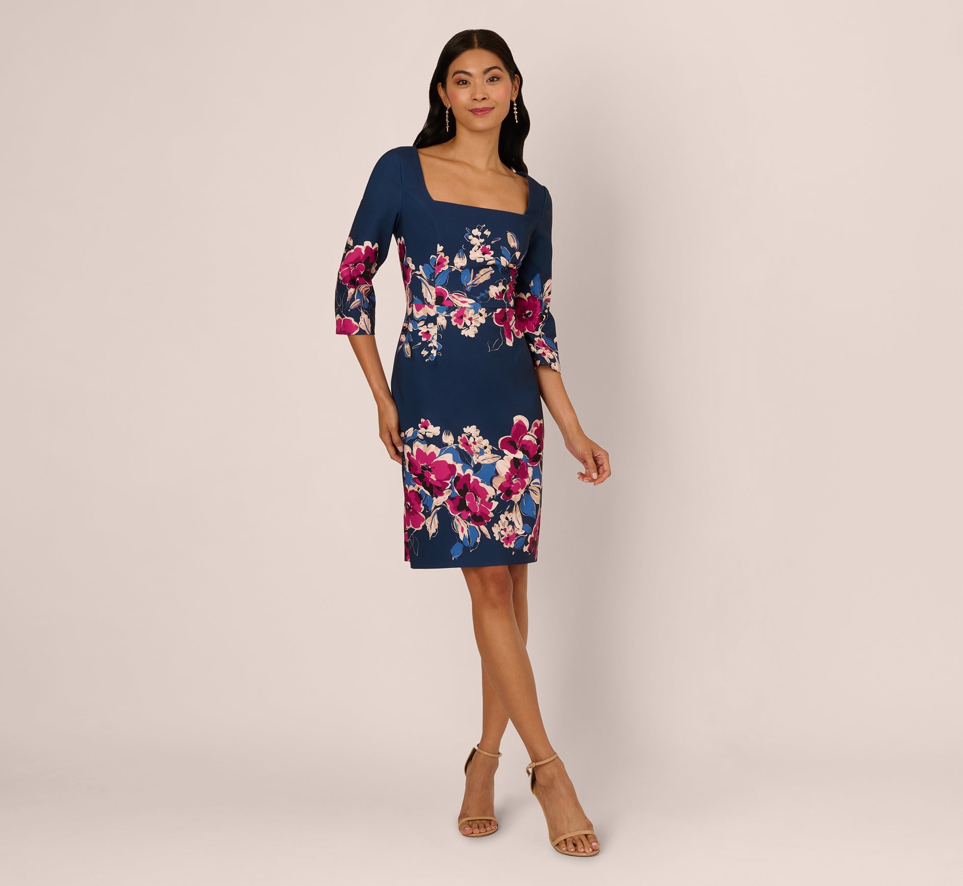 Three Quarter Sleeve Floral Sheath Dress In Navy Pink Multi