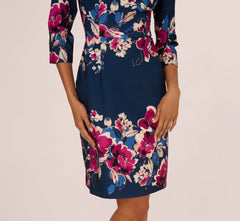 Three Quarter Sleeve Floral Sheath Dress In Navy Pink Multi
