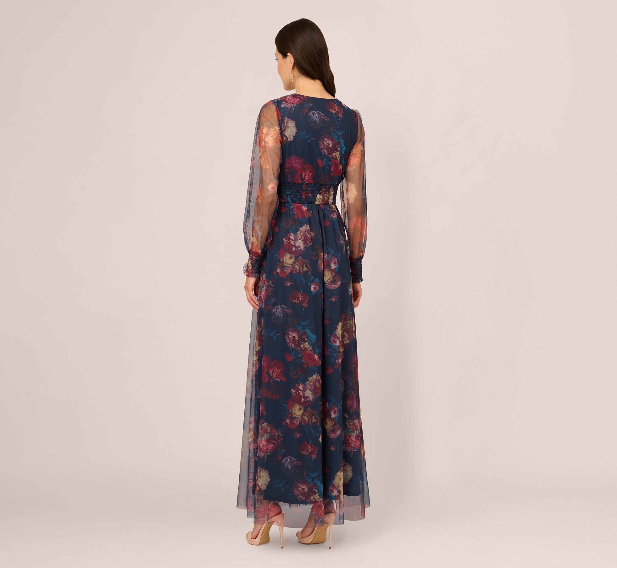 Bishop Sleeve Floral Mesh Maxi Dress In Navy Multi
