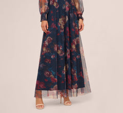 Bishop Sleeve Floral Mesh Maxi Dress In Navy Multi
