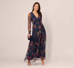 Bishop Sleeve Floral Mesh Maxi Dress In Navy Multi