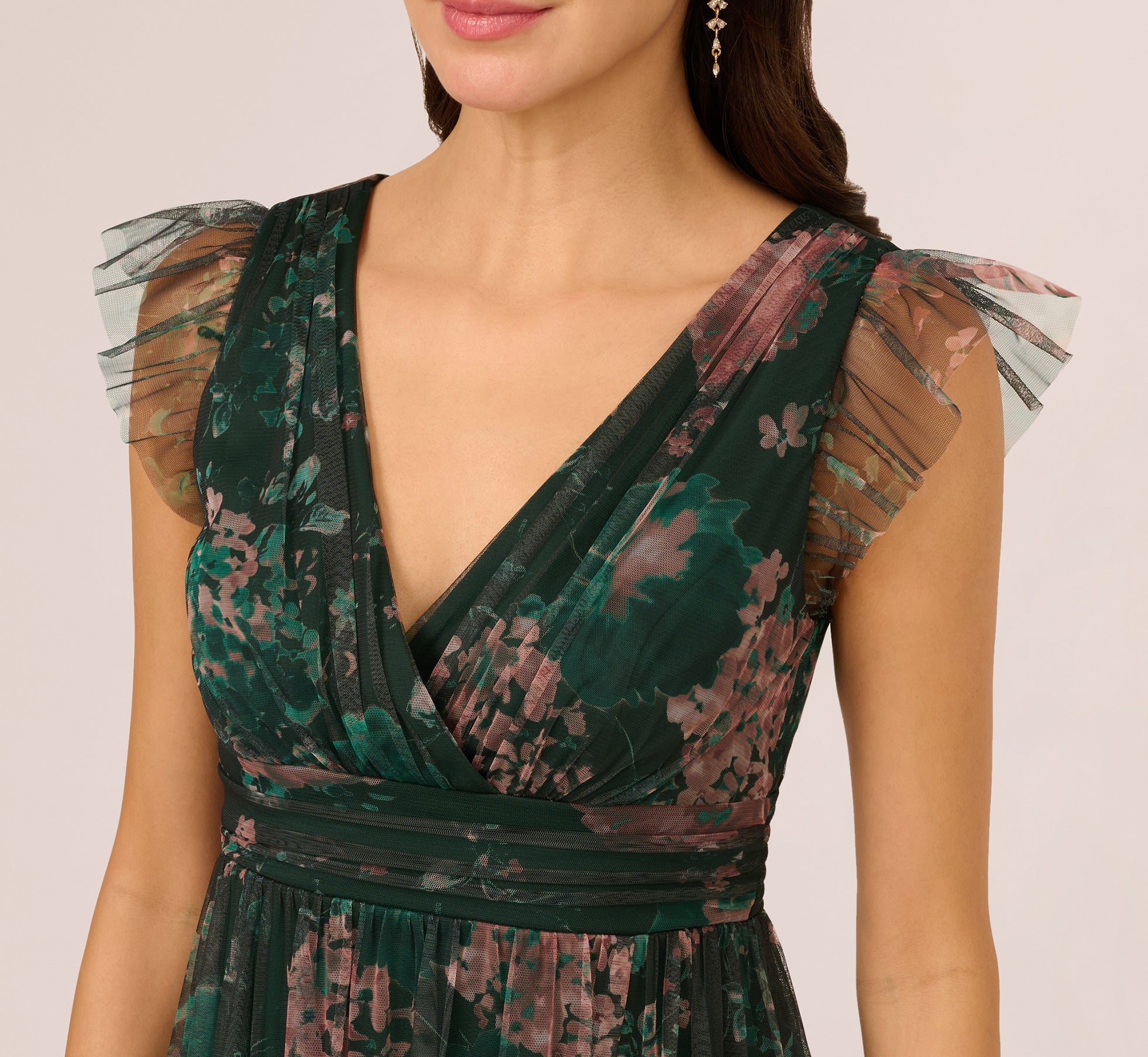 Flutter Sleeve Floral Tulle Maxi Dress In Hunter Multi