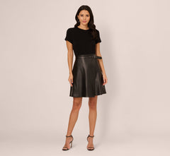 Short Sleeve Faux Leather Combo Skater Dress In Black