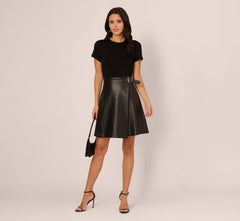 Short Sleeve Faux Leather Combo Skater Dress In Black