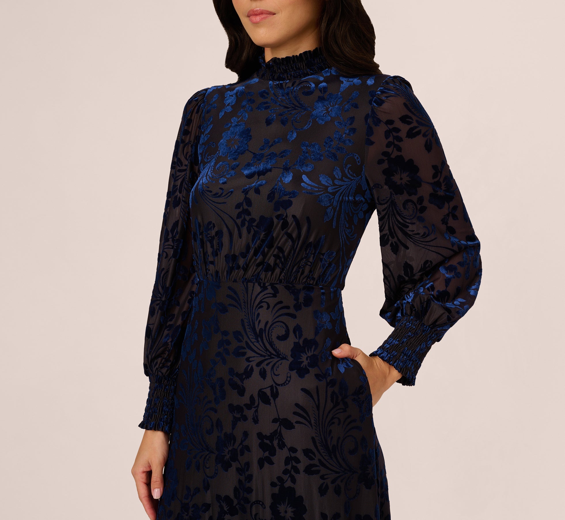Long Sleeve Floral Velvet Burnout Midi Dress In Light Navy