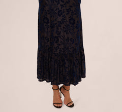 Long Sleeve Floral Velvet Burnout Midi Dress In Light Navy