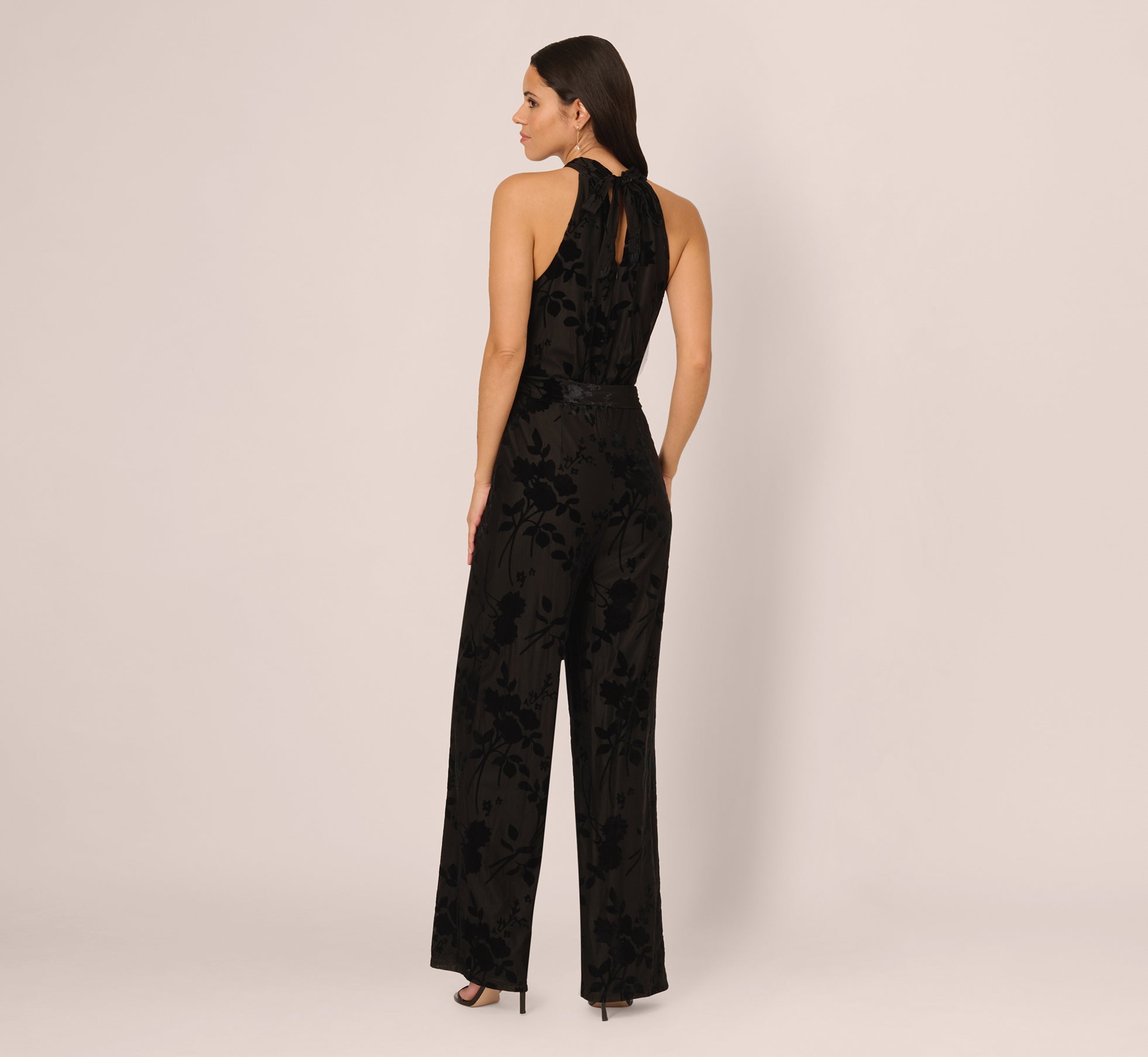 Sleeveless Floral Burnout Velvet Jumpsuit In Black