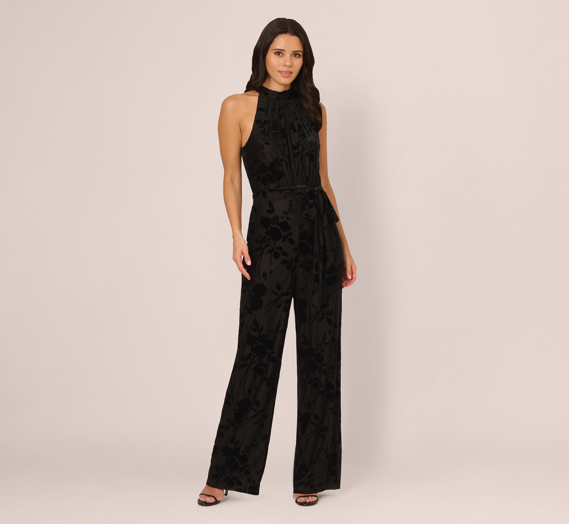 Sleeveless Floral Burnout Velvet Jumpsuit In Black