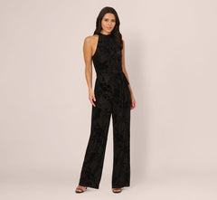 Sleeveless Floral Burnout Velvet Jumpsuit In Black