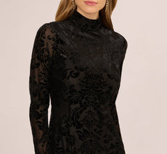 Long Sleeve Damask Burnout Velvet Midi Dress In Black