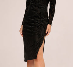 Long Sleeve Damask Burnout Velvet Midi Dress In Black