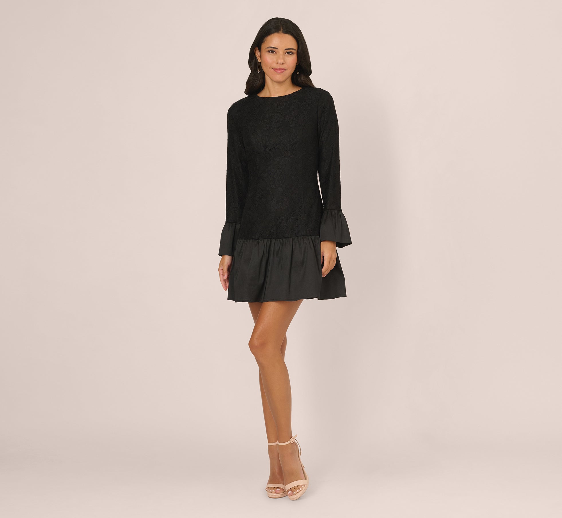 Long Sleeve Drop Waist Lace Dress In Black
