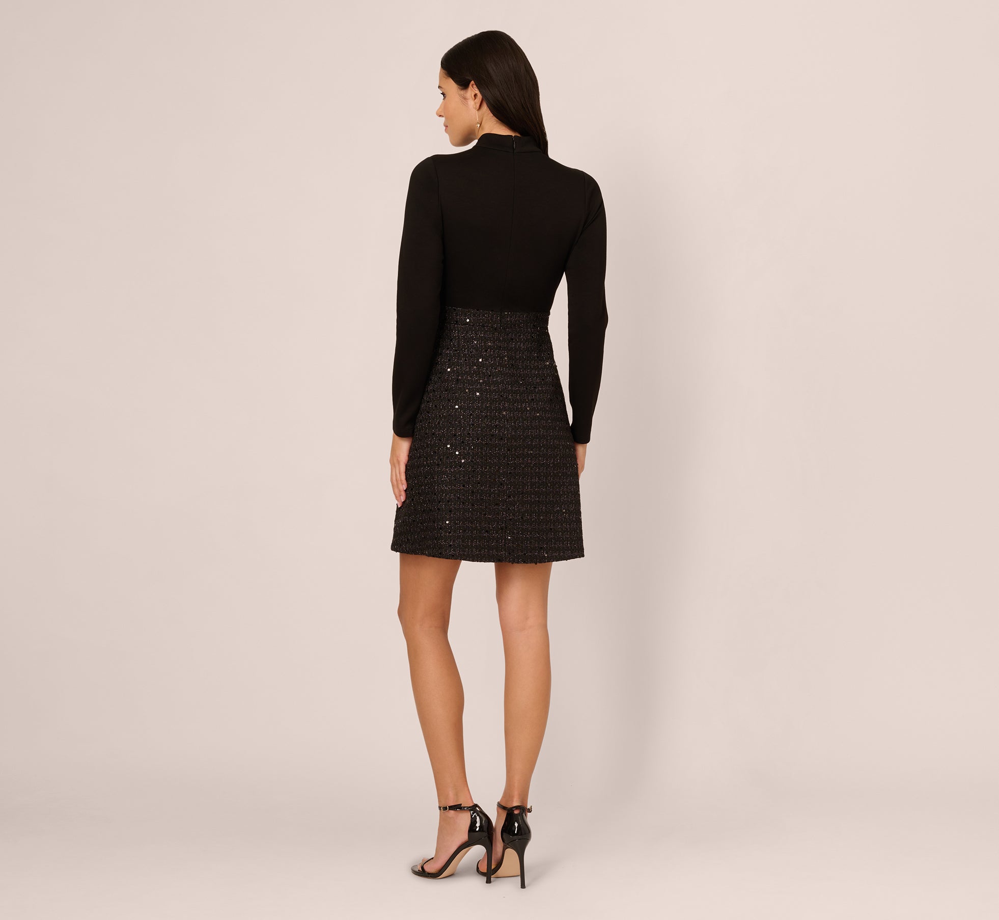 Long Sleeve Sequin Tweed Short Combo Dress In Black